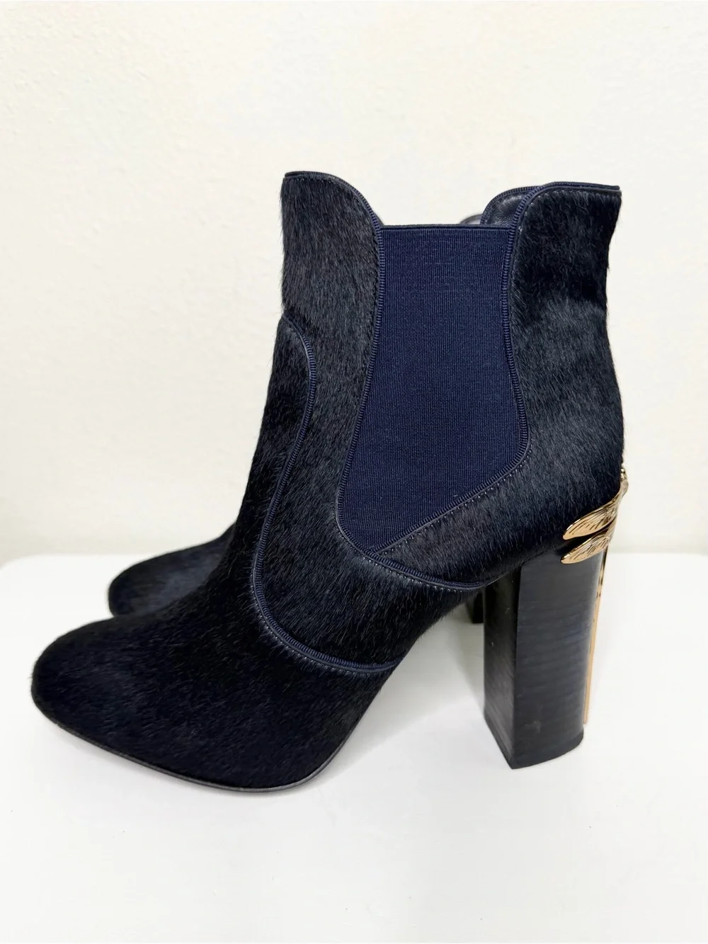 Tory Burch Theodora Gold Dragonfly Blue Ankle Boots Pony Hair Booties Size 10.5